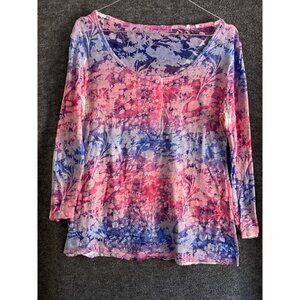 Casual Freedom Top Pink Blue Floral Sheer Shirt LS Fitting Women Large